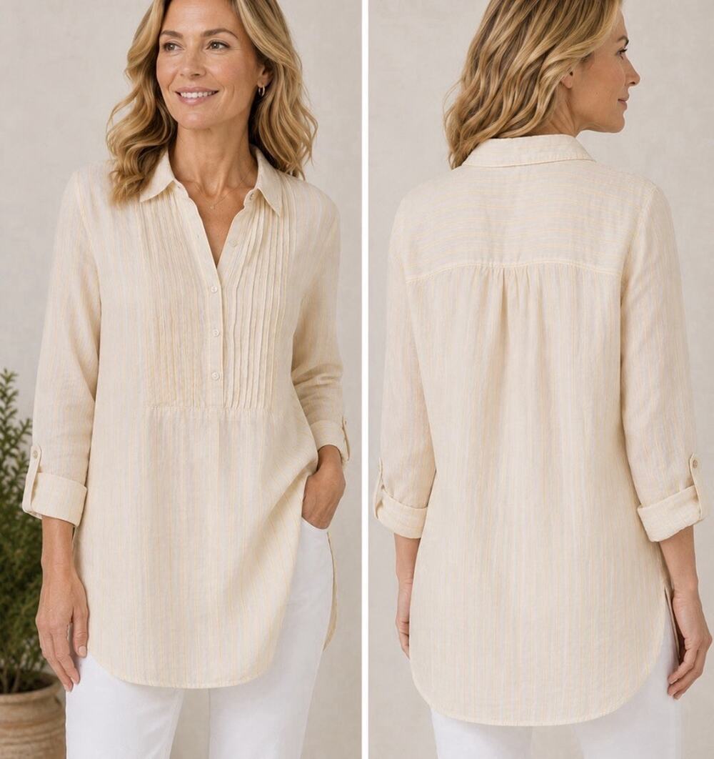 Cynthia Rowley Tunic Top Womens Size XL Linen Off-White Yellow Pinstripe NWT